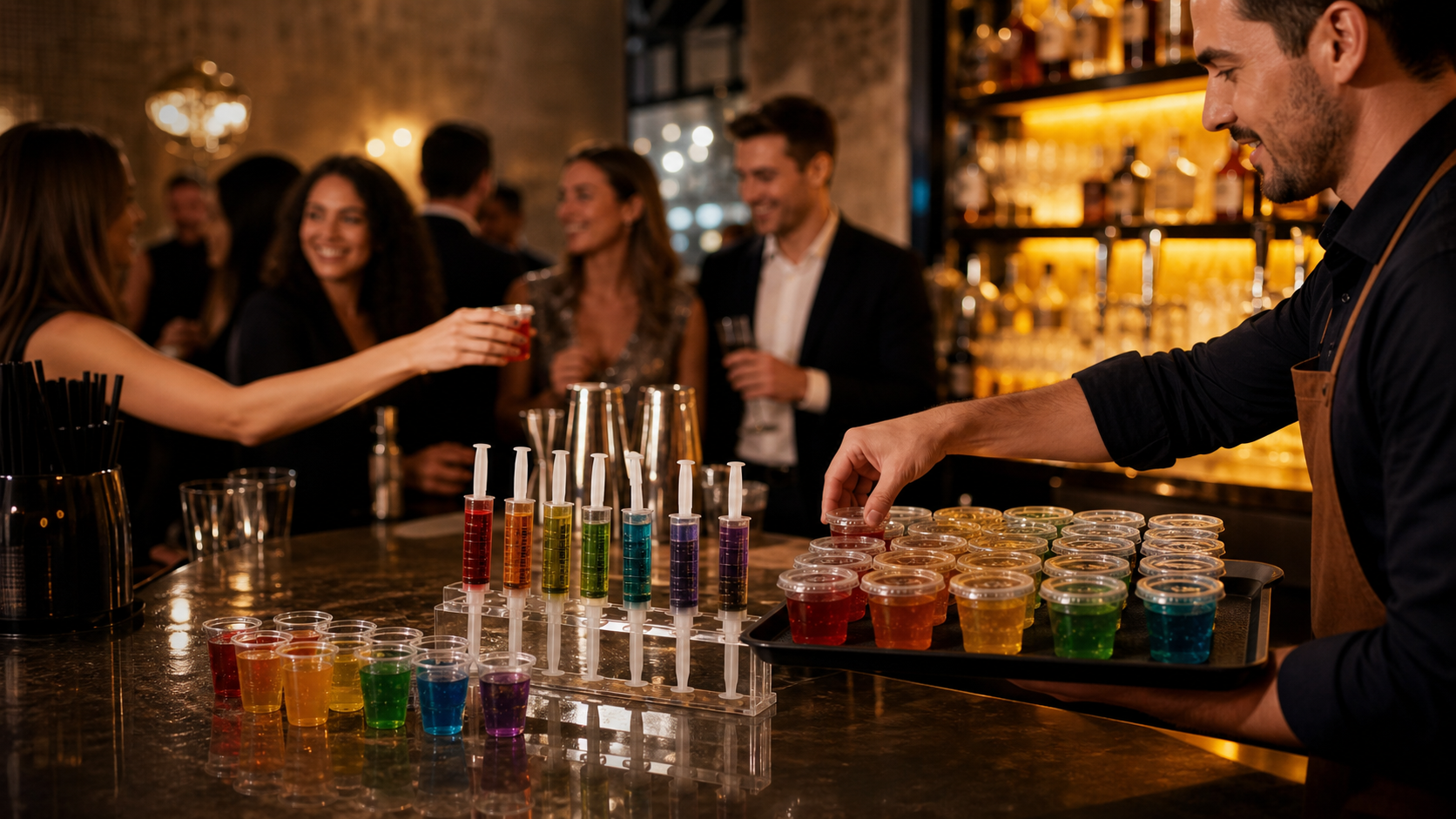 Adult party guests taking colorful jello shot syringes and cups from a bar tray