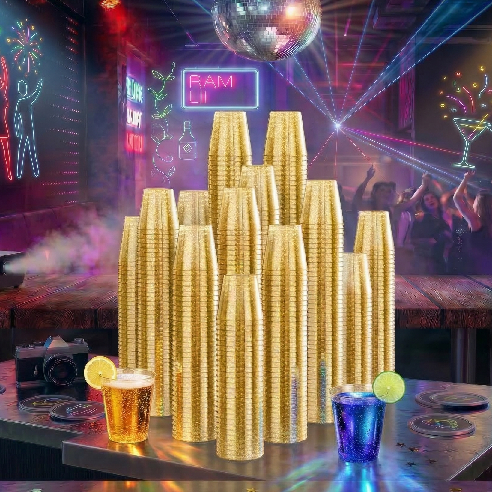 1oz Gold Glitter Plastic Shot Glasses - Jolly Party