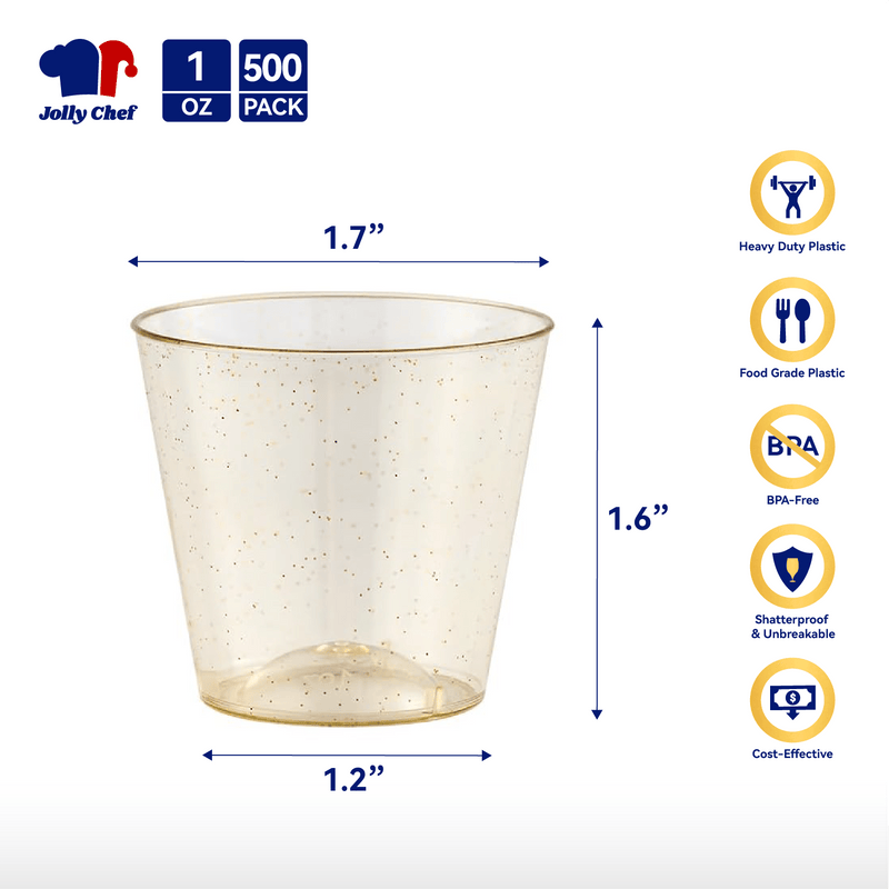 1oz Gold Glitter Plastic Shot Glasses - Jolly Party