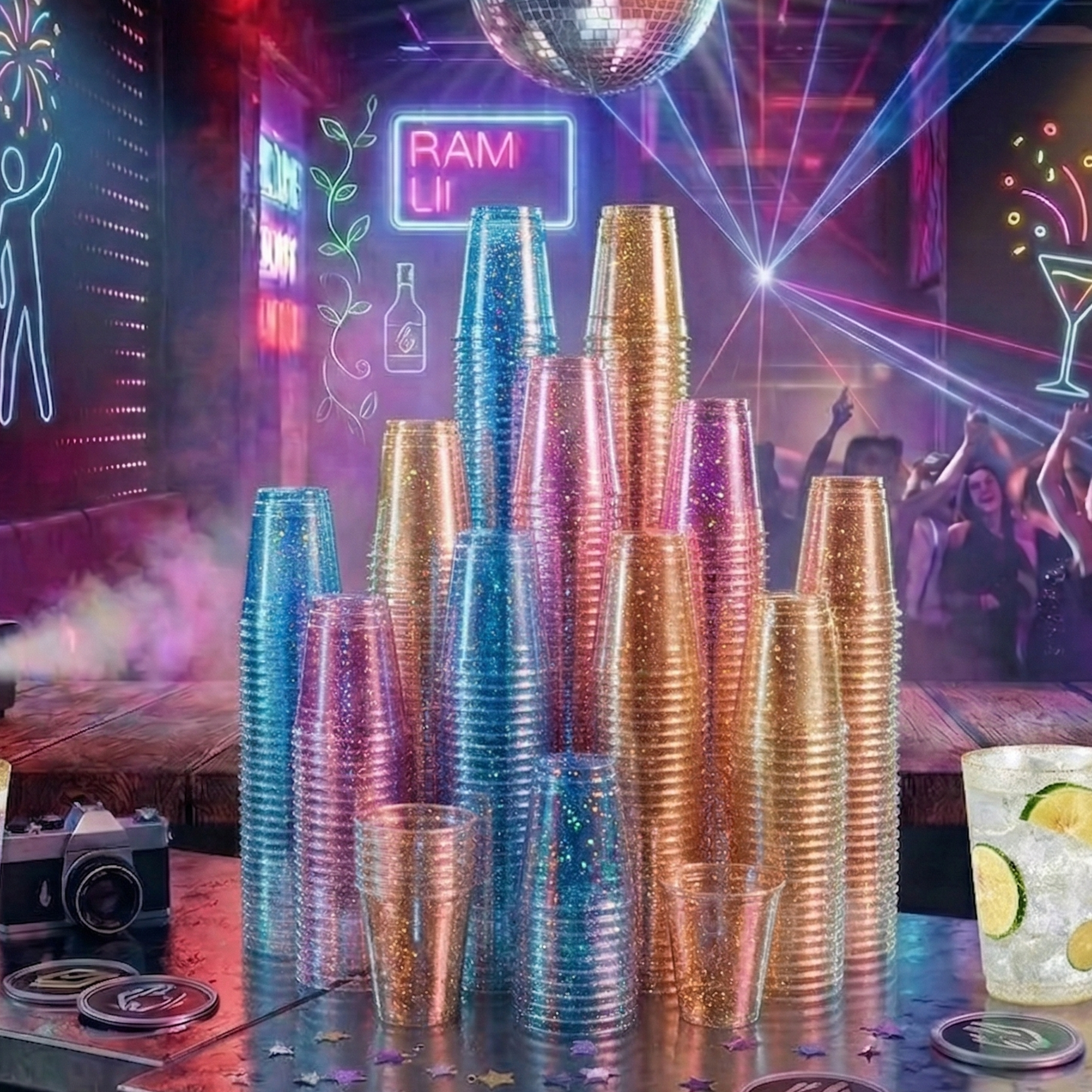 9oz/10oz Four Color Glitter Cups - Jolly Party